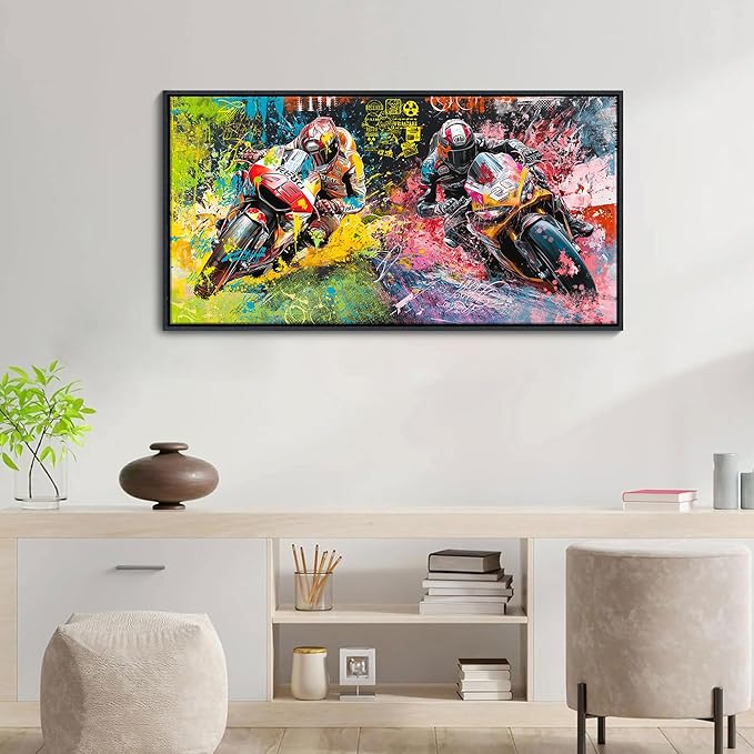 JEAWA Framed Canvas Wall Art - 20x40 In Abstract Painting Decor, Motorcycle Racing Color Graffiti Pictures, Modern Art Prints for Bedroom Living Room Bathroom Home Decoration