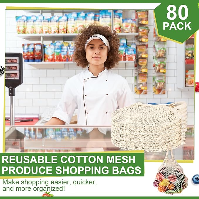 Paterr 80 Pack Cotton Mesh Produce Bags Bulk Reusable Market Bag Washable Net Grocery Purse String Shopping Tote Beach Organizer for Vegetable Fruit Picnic Food Storage (Short Handle,Beige)