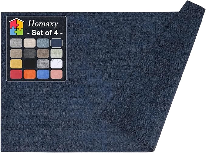Homaxy Faux Leather Heat Resistant Placemats for Dining Table Set of 4, Waterproof Wipeable Washable PU Table Mats, Easy to Clean Anti-Slip Place Mats, 11.8" x 17", Navy Blue