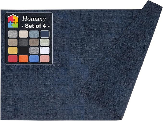 Homaxy Faux Leather Heat Resistant Placemats for Dining Table Set of 4, Waterproof Wipeable Washable PU Table Mats, Easy to Clean Anti-Slip Place Mats, 11.8" x 17", Navy Blue