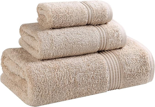 Superior Egyptian Cotton 3-Piece Towel Set, Basic Towels For Bathroom, Home Decor, Guest Bath, Shower, Apartment, Included 1 Face, 1 Hand, 1 Bath Towel, Washcloth, Quick Dry, Taupe