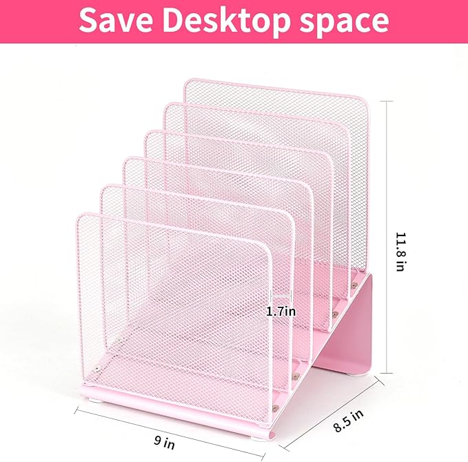 File Organizer for Desk, Desk Organizer with 5-Section Vertical File Rack, File Folder Organizer, Desk Accessories & Workspace Organizers (Pink)