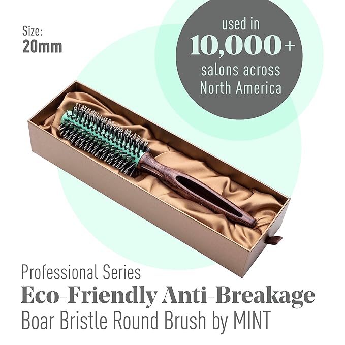 MINT Eco-Friendly Boar Bristle Round Brush for Blow Drying | Durable Blowout Styling for All Hair Types | Ceramic Round Brush with Hand-Crafted Wooden Handle (20 mm)