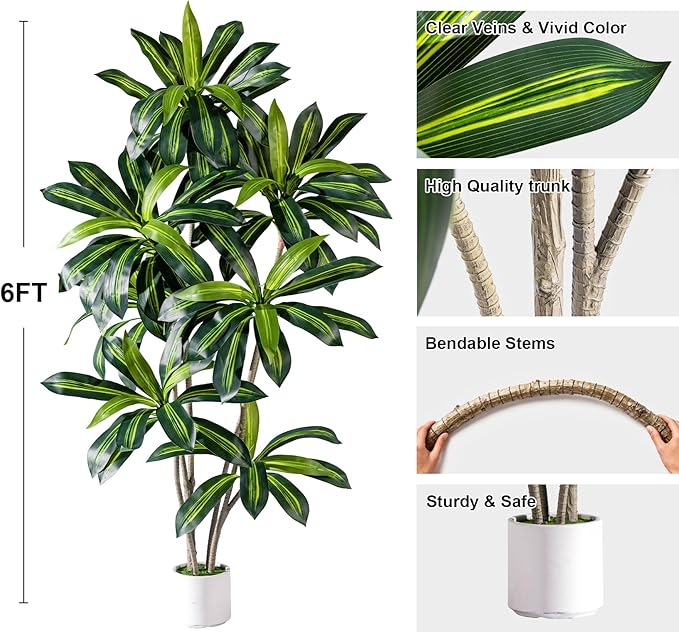 Artificial Dracaena Plant 6FT - Realistic Fake Dracaena Tree Tall Large Faux Silk Plants Fake Floor Potted Artificial Plants for Home Decor, Office Plants