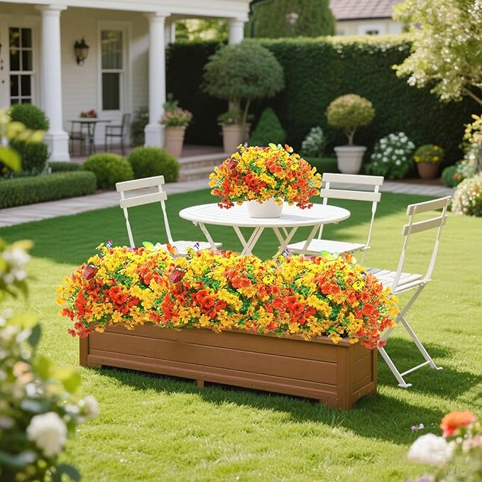 20 Bundles Artificial Flowers for Outdoors‌ with 6 Faux Butterflies, UV Resistant Fake Flowers‌ with Eucalyptus Leaves, Artificial Plants Outdoor‌ for Patio Garden Porch Home Decor (Orange Yellow)