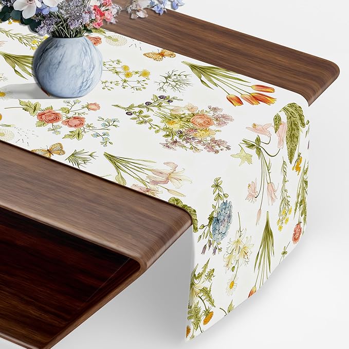 Floral Table Runner, Modern Art Farmhouse Runners 13x72 Inches Long for Dining Tables Decor, Cottagecore Style, Party and Home Decoration