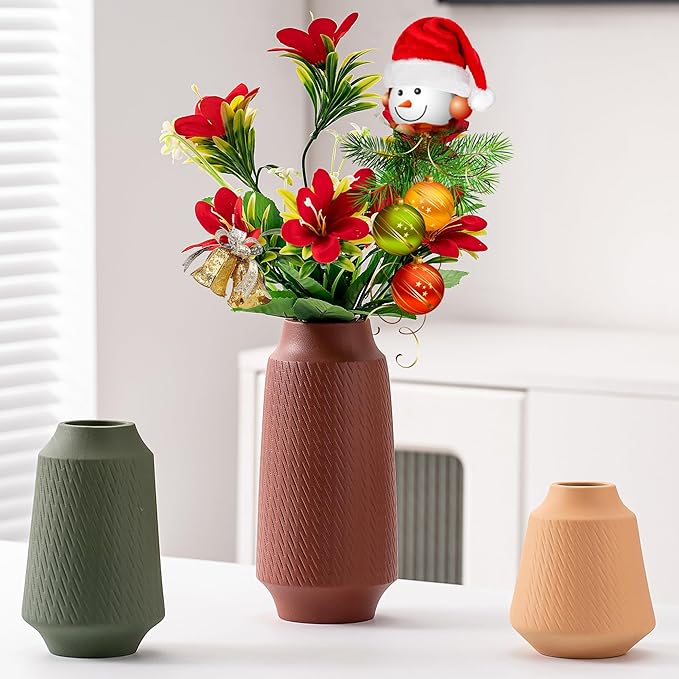 Ceramic Vase Set of 3, Modern Multicolor Pattern Flower Vases for Home Decor, Office, Centerpieces, Boho Farmhouse Style (Red/Green/Orange)