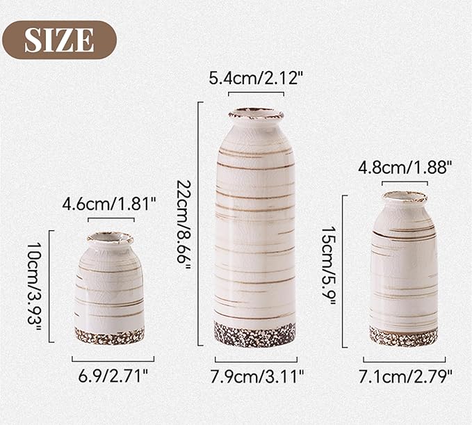 Beige Ceramic Vase Set of 3, Farmhouse Decorative Vase for Pampas Grass, Living Room, Bathroom, Bookshelf, Centerpieces Beige