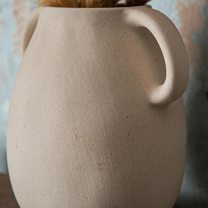 Off-White Ceramic Vase with 2 Handles, Sandstone Texture for Modern Farmhouse Decor, Rustic Pottery, Decorative Flower Vase, Clay Small Vase, Centerpiece for Dining Table - 7 Inch Tall