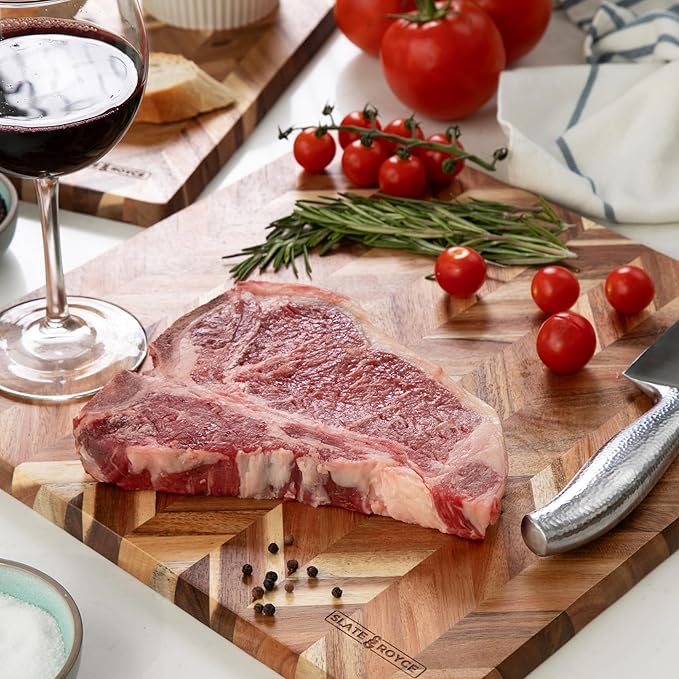 SLATE & ROYCE Acacia Wood Cutting Board Set of 2 - Herringbone Pattern Kitchen Boards - Large & Small Square Wooden Cutting Boards - Premium Charcuterie Boards - Serving Tray - With Gift Box