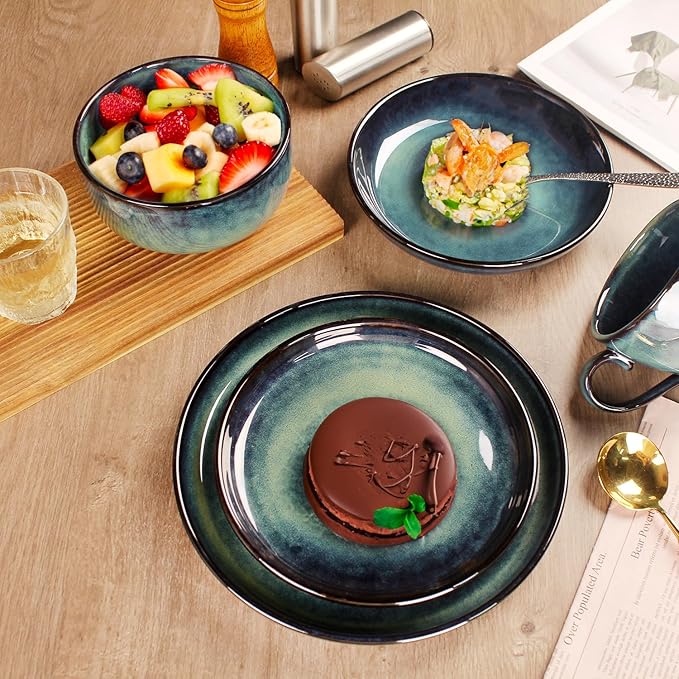 Ceramic Dinnerware Set(16 pcs) Serve 4 people, Plates & Bowls Sets, Reactive Glaze Dishes Set, Chip Resistant and Scratch Resistant, Dishwasher, Microwave Safe, Suitable for dinner, party