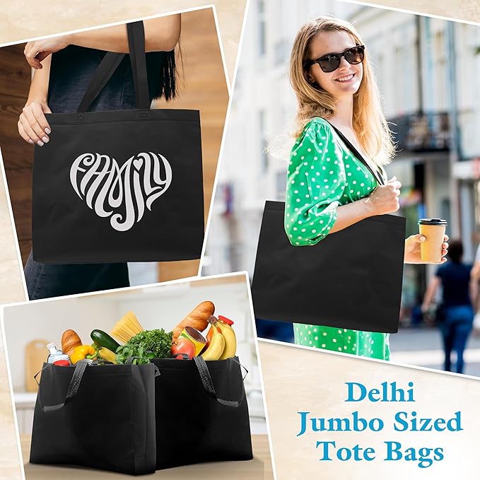 DISCOUNT PROMOS Jumbo Sized Tote Bags Set of 10, Bulk Pack - Reusable Grocery Bags, Shopping Bags, Promotional Item Totes for Women - Black
