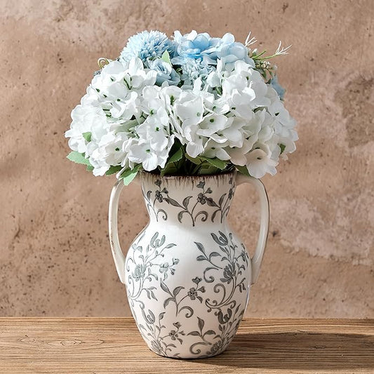 Gray and Beige Farmhouse Vintage Vase with 2 Handles, Chinoiserie Floral Vase, Rustic Ceramic Vases for Home Decor, Wedding, Living Room, Table, Shelf Decor - 8.3 Inch Tall