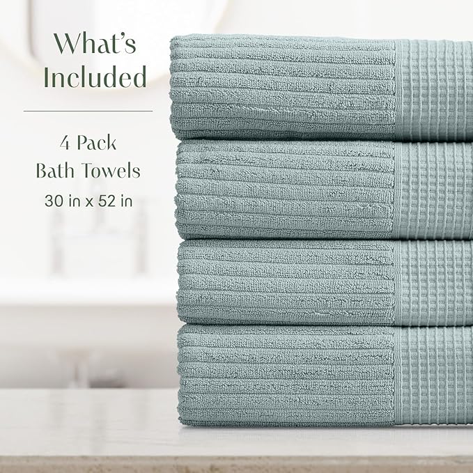 Springtree Home 100% Cotton Bath Towel Set of 4 | Super Soft & Absorbent with Quick-Dry Fibers | 4 Bath Towels | Textured and Durable Cotton | Krista Collection - Silver Blue