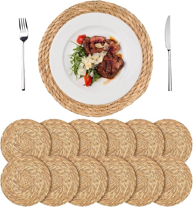 Round Woven Placemats Set of 12, 12" Boho Rattan Chargers for Dinner Plates, Natural Farmhouse Weave Place Mats, Rustic Braided Wicker Table Mats for Dining Table, Home, Outdoor