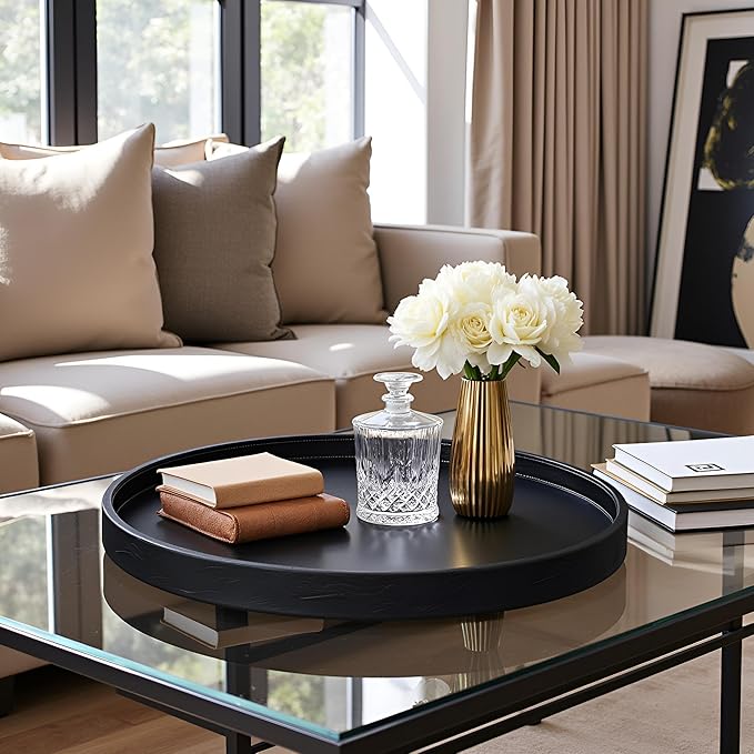 34 * 34 High-End Light Luxury Leather Round Oversized Tray - Ottoman Coffee Food Serving for Family Dinner, Outdoor Picnic & Party Essentials | Versatile Home Decor Tray (34 inch Black)