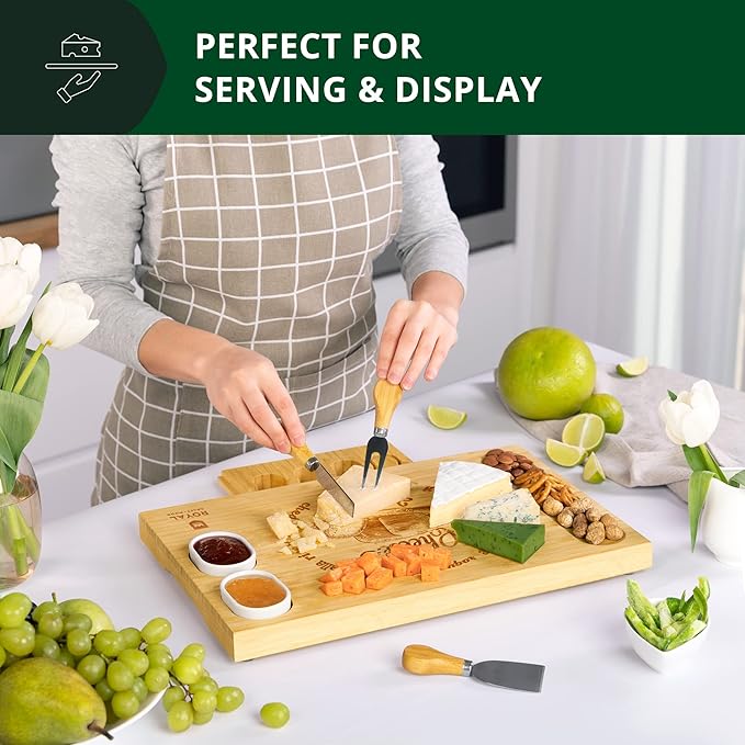 ROYAL CRAFT WOOD Bamboo Cheese Board and Knife Set with Charcuterie Board & Serving Tray with 4 Stainless Steel Knife & Thick Wooden Server with Bowls and Serveware Accessories
