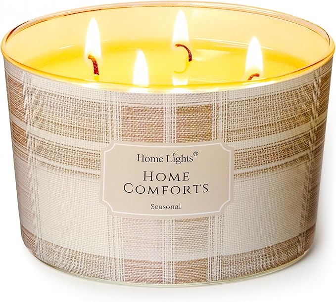 HomeLights Home Comforts Scented Candles | 18oz Soy Candles Rustic Modern 4-Wick Large Candle Jars | Ideal Candle Gifts for Events, Home Decor Stress, Relief & Relaxation