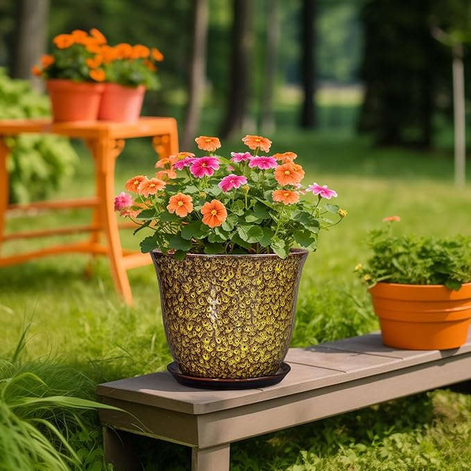 Ceramic Pots for Plants - 10 Inch Plant Pot for Indoor Outdoor, Round Planter with Drainage Hole and Saucer, Modern Flower Pot, Decorative Planters, Home Garden Decor, Birthday Gift, Yellow