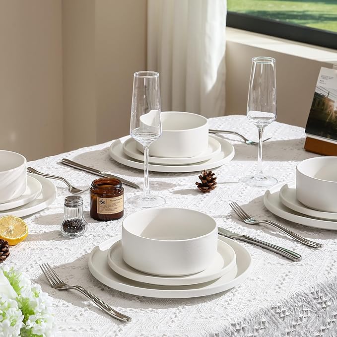 GZG Classic Series - Plates and Bowls Set for 6, 18 Piece Stoneware Dinnerware Sets, Microwave and Dishwasher Safe Lead-Free Handcrafted Ceramic Dishes Set - Ivory White