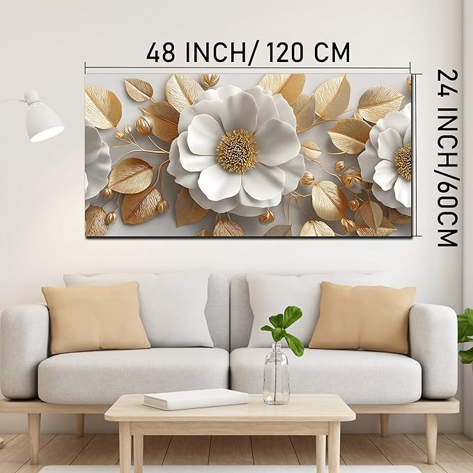 Tarfupth Floral Canvas Wall Art for Living Room Gold and White Flowers Large Botanical Artwork for Bedroom Office Home Decor Canvas Prints 24"x48"