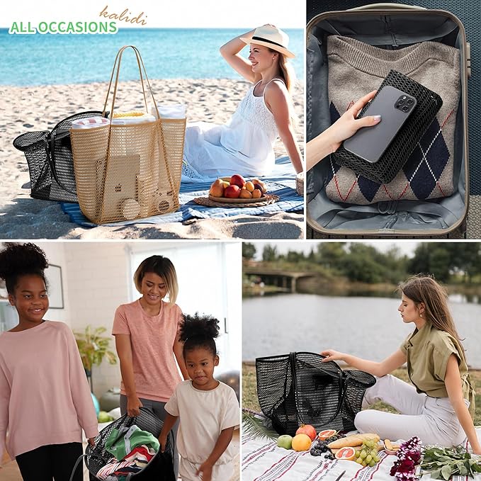 KALIDI BeachNylon Mesh Tote Bag, Casual Tote Bag Hobo Women Foldable MAX 23L Shoulder Bag For Beach Picnic Vacation