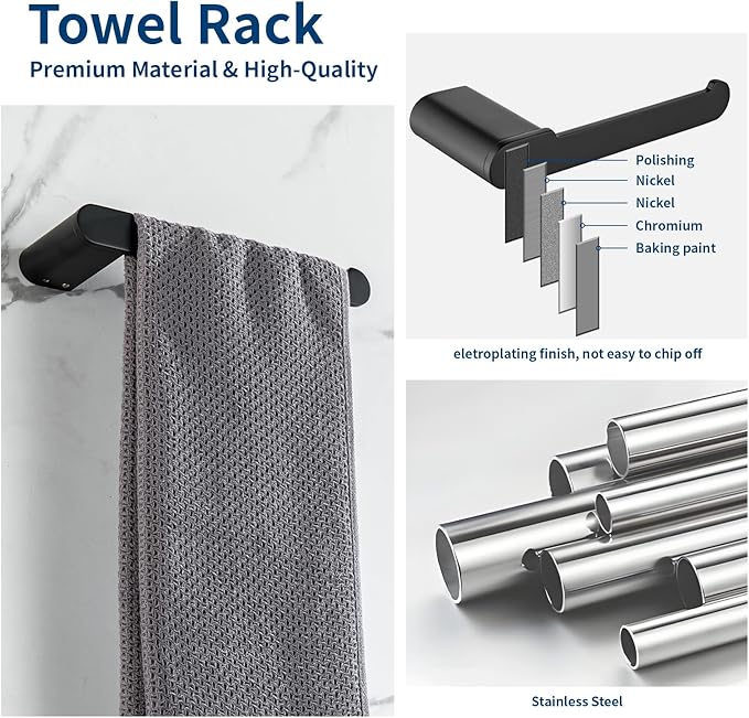Bathroom Hardware Set, 4-Piece Towel Rack Towel Bar Towel Holder Toilet Paper Holder Towel Hooks Wall Mounted Bath Towel Bars Matte Black Stainless Steel Bathroom Accessories Set, 16 inch