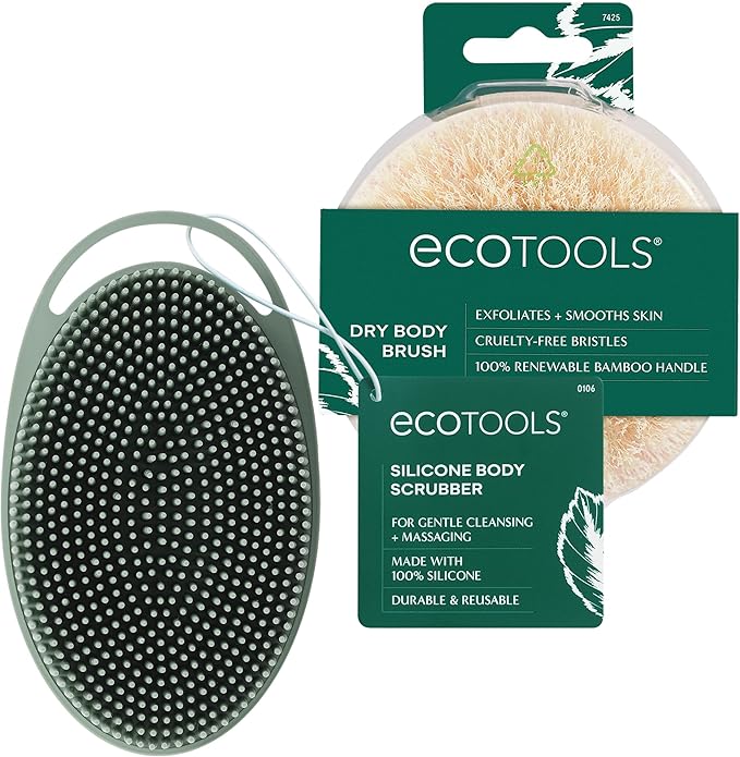 EcoTools Dry Body Brush for Circulation, Dead Skin Removal + Sage Green Silicone Body Scrubber & Massager for Exfoliating, Cleansing & Circulation, Self-Care Gifts