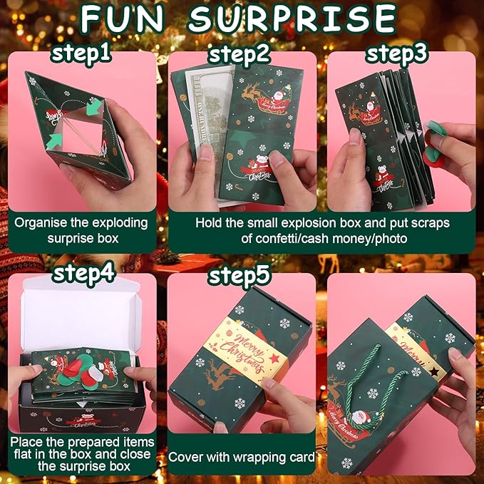 BABORUI Christmas Surprise Gift Box Explosion for Money, Christmas Explosion Gift Box with Confetti, Surprise Pop Up Money Box for Merry (Green)