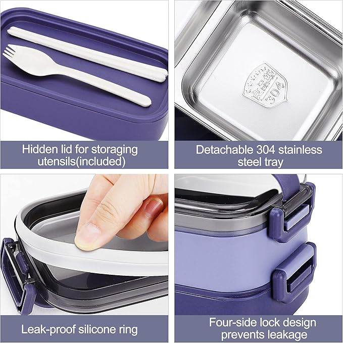 Stainless Steel Bento Box for Adults&Kids,Japanese Leakproof Lunch Box Divided Food Meal Storage Containers Set Stackable 2 Layer for Children School Picnic Blue