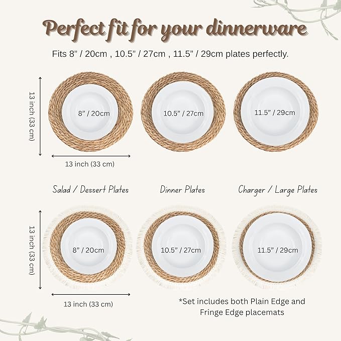 13" Round Woven Jute Placemats Set of 12 with Coasters, Mixed Fringe and Classic Braided Seagrass Boho Farmhouse Table Mats for Dining Table Decor