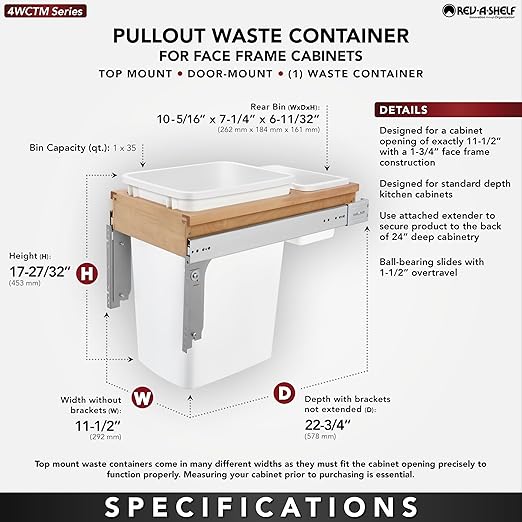 Rev-A-Shelf Top Mount Single Pullout Under Cabinet 35 Quart Kitchen Trash Cans with 150 Pound Rated Full-Extension Slides, 4WCTM-12DM1-175