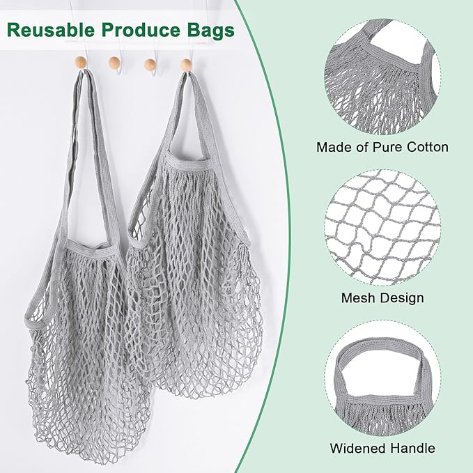 2-Pack Cotton Mesh Bag, Reusable Washable Mesh Net String Grocery Bags, Reusable Produce Bags with Handle, Net Tote Bag for Fruits/Vegetables Shopping [Gray, Long&Short Handle]