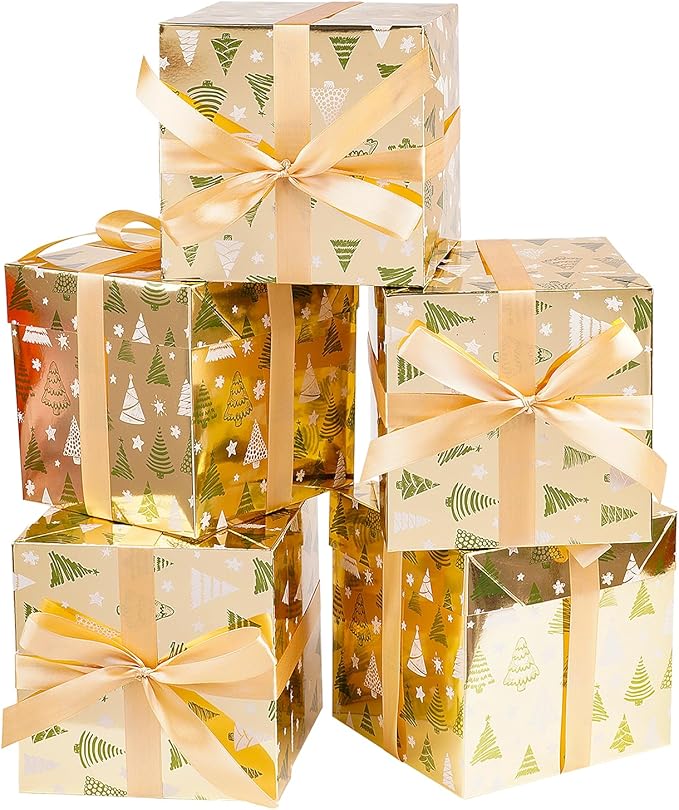Jaywayang 5 Pack Gold Christmas Gift Boxes with Lids, Ribbons and Tissue Papers Square Gift Boxes - 7.1 Inch - Presents Wrapping Christmas Gift Holiday New Year Party Favor Boxes.