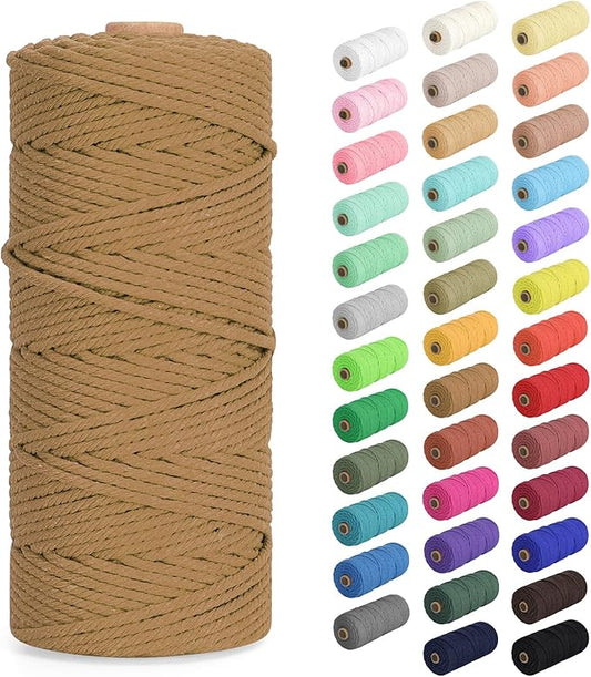 Macrame Cord 3mm x 109Yards (328Feet), Natural Cotton Macrame Rope - 4 Strands Twisted Macrame Cotton Cord for Wall Hanging, Plant Hangers, Crafts, Gift Wrapping and Wedding Decorations, Caramel