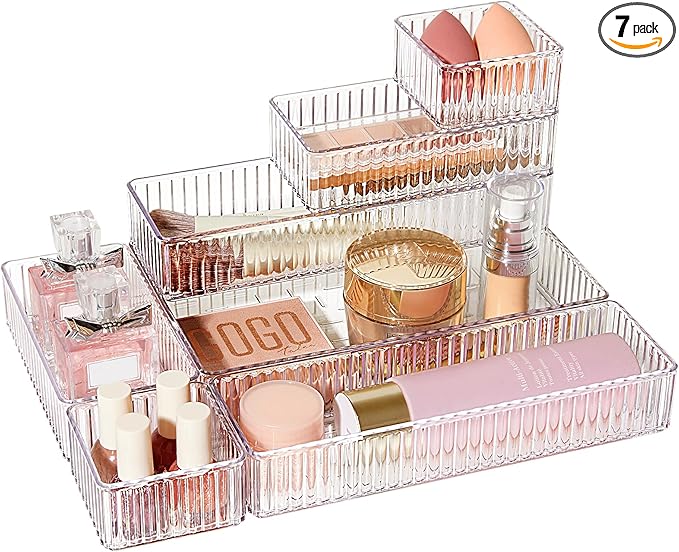 Vtopmart 7 PCS Clear Drawer Organizers Bins, 4-Size Stackable Makeup and Vanity Drawer Organizer Trays, Acrylic Bathroom Drawer Storage Containers for Cosmetic, Office Supply, Kitchen Utensils Gadgets