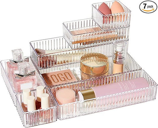 Vtopmart 7 PCS Clear Drawer Organizers Bins, 4-Size Stackable Makeup and Vanity Drawer Organizer Trays, Acrylic Bathroom Drawer Storage Containers for Cosmetic, Office Supply, Kitchen Utensils Gadgets