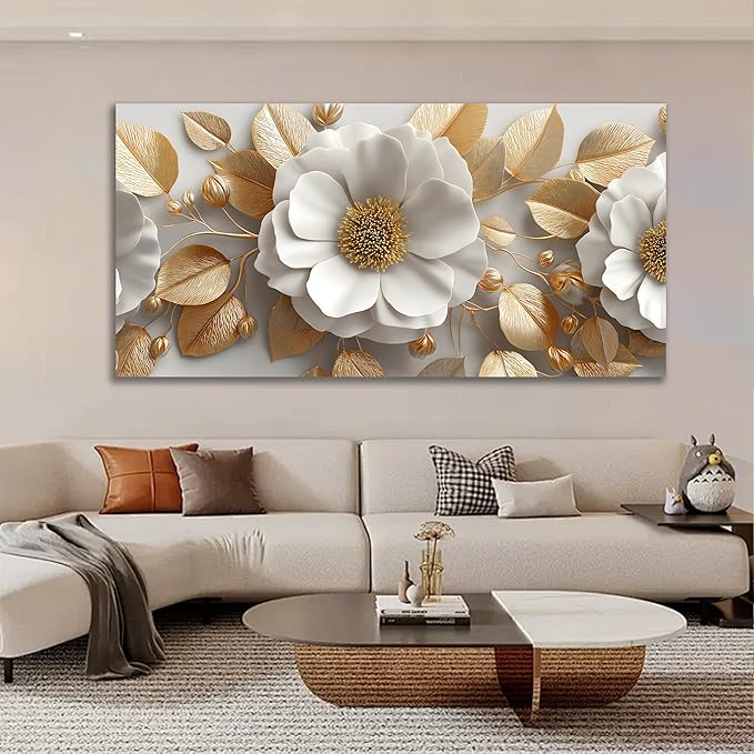 Tarfupth Floral Canvas Wall Art for Living Room Gold and White Flowers Large Botanical Artwork for Bedroom Office Home Decor Canvas Prints 29"x58"