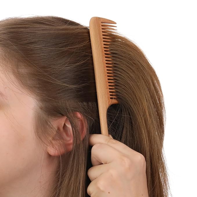Wide Tooth Wooden Comb Handmade - Natural Vintage Style Wide Tooth Comb for Curls Gentle Styling - Anti-Static Wood Hair Combs For Women Detangling (Fine Tooth Tail Comb)