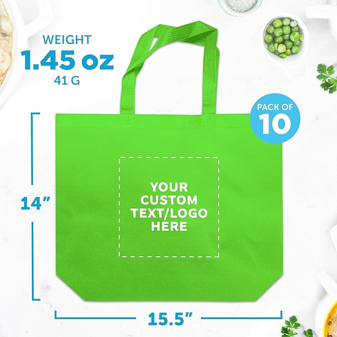 DISCOUNT PROMOS Custom Jumbo Sized Tote Bags Set of 10, Personalized Bulk Pack - Reusable Grocery Bags, Shopping Bags, Promotional Item Totes for Women - Lime Green