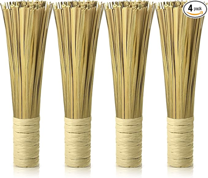 4 Pcs 12 Inches Bamboo Wok Brush Bamboo Kitchen Cleaning Brush Pot Scraper Scrubber Dish Pan for Cooking Skillet Grill Utensils Scrubbing