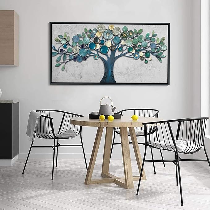 CHATYOUNG Wall Art Living Room - Framed Teal Blue Tree of Life Abstract Landscape Painting Modern Leaf Theme Print Artwork for Dining Room Bedroom Bathroom Office Home Decor 48"x24"
