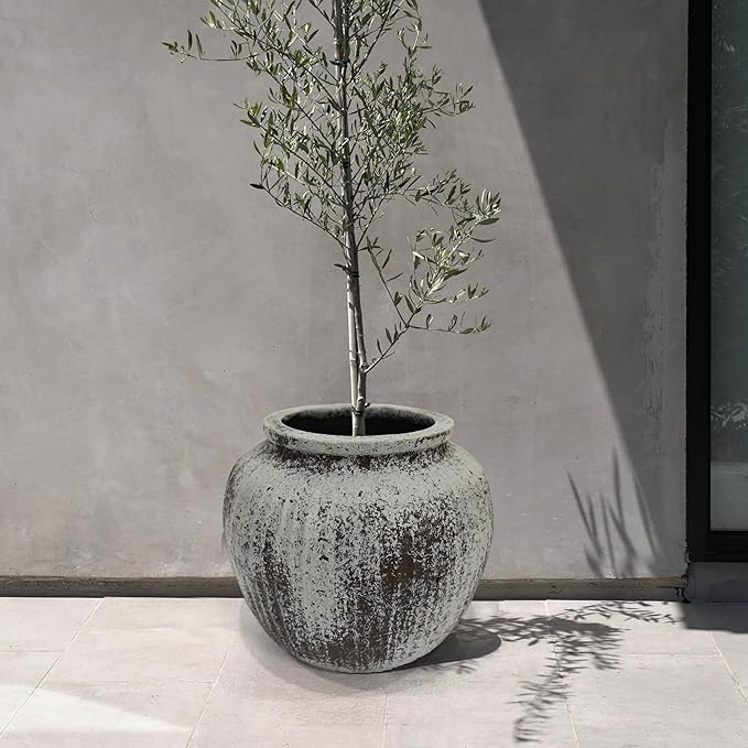 Oakrain Large Rustic Minimalist Vase, 11" Distressed Round Floor Vase for Home Decor, Farmhouse Centerpieces Planters for Living Room Indoor Outdoor Use, Gray