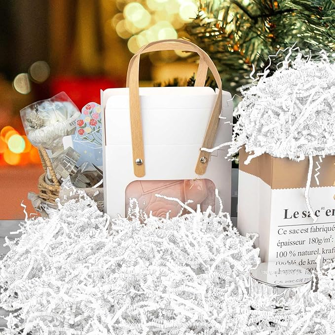 8.5oz Crinkle Paper Filler, Gift Baskets Gift Boxes Crafts Shredded Cut Paper Packaging Decorative Stuffing & Cushioning Confetti for Easter Birthday Wedding Party Favor White