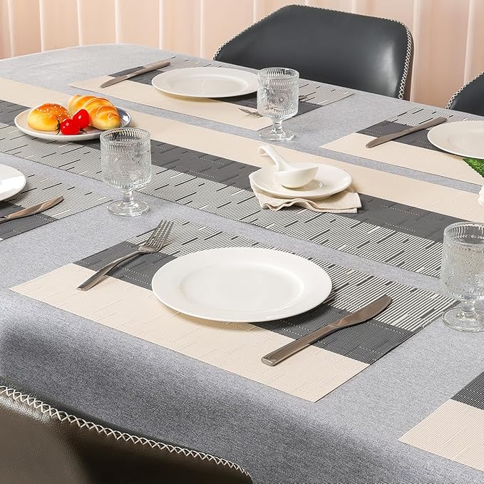 Placemats Set of 8, Vinyl Woven Place Mats Indoor Set of 8 Washable Wipeable PVC Table Mats Heat-Resistant Non Slip Placemat for Kitchen Dining Outdoor Table (Beige Dark Gray, Set of 8)