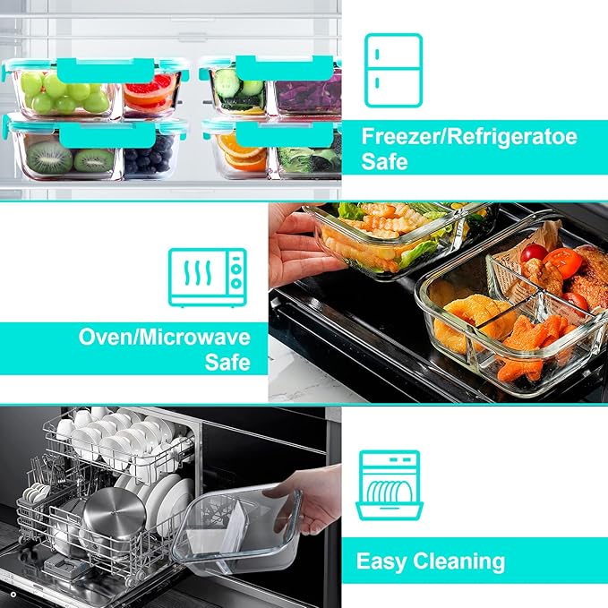 VERONES 5 Pack Glass Meal Prep Containers 3 Compartment Set, 36OZ Airtight Glass Lunch Containers, Glass Food Storage Containers with Lids, for Microwave, Oven, Freezer & Dishwasher Friendly,Green