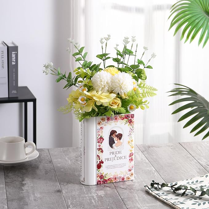 Ceramic Book Vase for Flowers, Book Flower Vases White, Book Shaped Vase, A Book About Flowers Vase, Decorative Ceramic Vases for Home, Office, Dining Table(Pride)