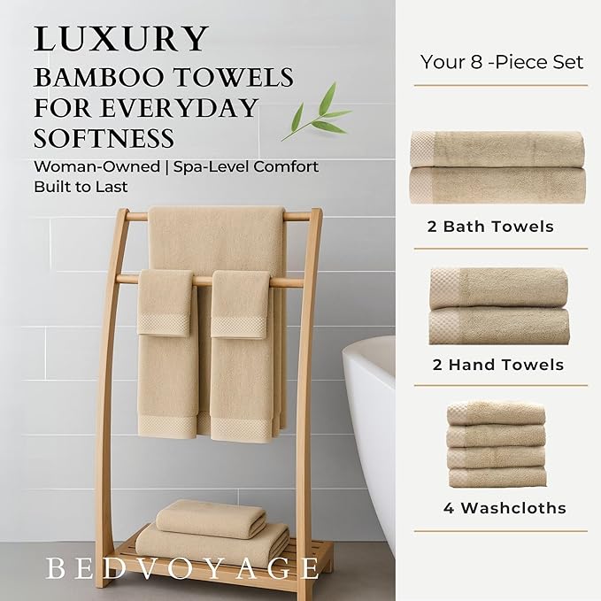 BedVoyage Luxury Bath Towels Set of 8 - Ultra Soft Plush Bathroom Towel Set - Highly Absorbent Viscose from Bamboo Bath Towels Ultra Soft - Spa Towel for Body - Champagne