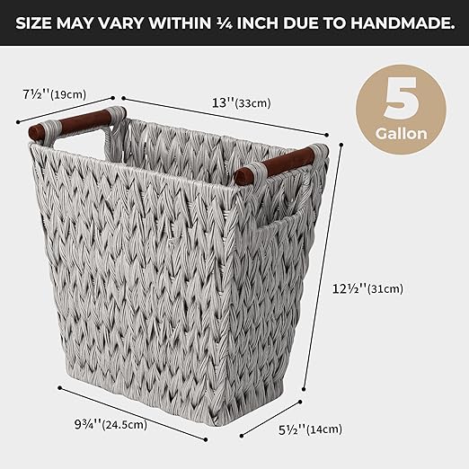 GRANNY SAYS Woven Waste Basket, Gray Wicker Basket with Wood Handles, Wicker Waste Basket for Bathroom Living Room, 1-Pack, 13" x 7 ½" x 12 ½"