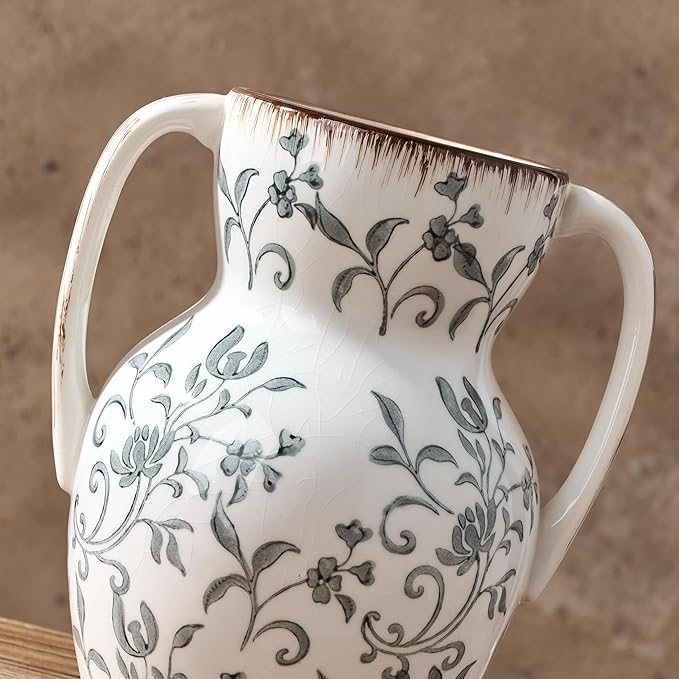 Gray and Beige Farmhouse Vintage Vase with 2 Handles, Chinoiserie Floral Vase, Rustic Ceramic Vases for Home Decor, Wedding, Living Room, Table, Shelf Decor - 8.3 Inch Tall